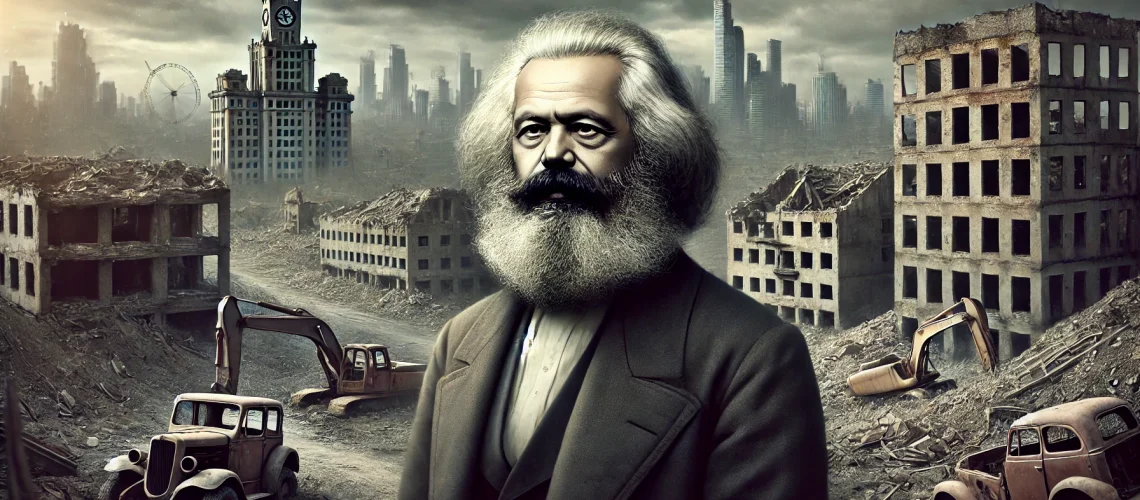 DALL·E 2024-08-13 09.53.22 - A realistic image with Karl Marx in the foreground, looking serious, with an abandoned city in the background. The city features destroyed buildings,