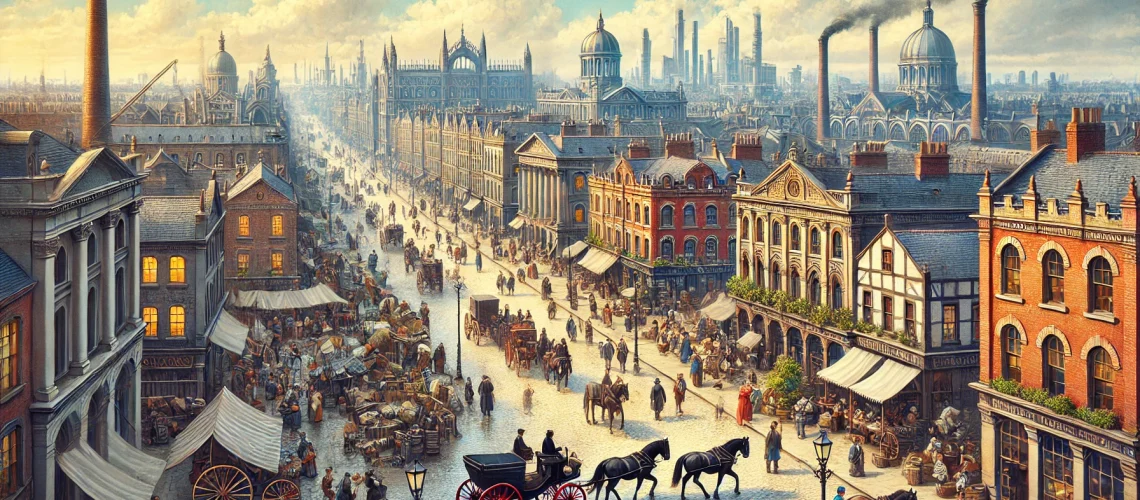 DALL·E 2024-08-13 10.08.45 - A vibrant and prosperous 19th-century city depicted in a 16_9 ratio. The image should show bustling streets with people in period clothing, horse-draw