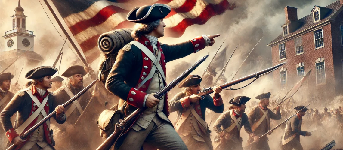 DALL·E 2024-08-13 20.38.09 - A realistic and dynamic image depicting the American Revolution with a 16_9 ratio. The scene should include key elements like colonial soldiers in bat