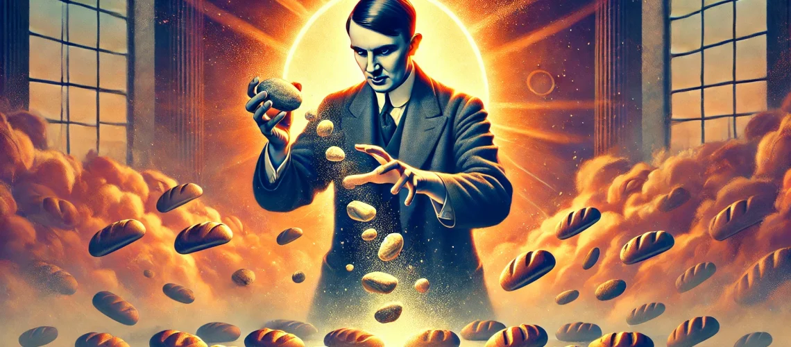 DALL·E 2024-08-13 20.55.25 - A 16_9 image depicting John Maynard Keynes performing a miracle-like transformation of stones into bread. Keynes should be shown in a central, almost